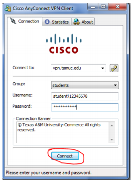 Cisco VPN client pop-up, enter student\ and CWID, and then your myleo password