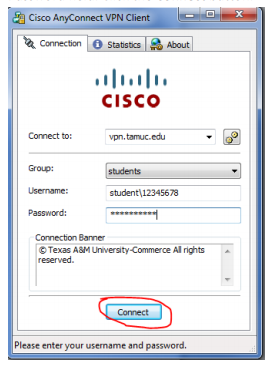 The Cisco Anyconnect VPN Client wizard window, needs your user name and password. This is student\ followed by your CWID, and myleo password. Then click the connect button.