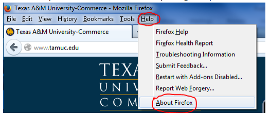 Firefox help menu, and click on about Firefox