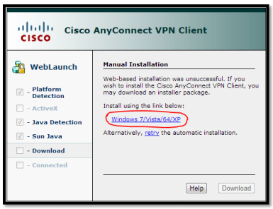 When this window appears, select the Windows 7/Vista/64/XP link for a Manual Installation