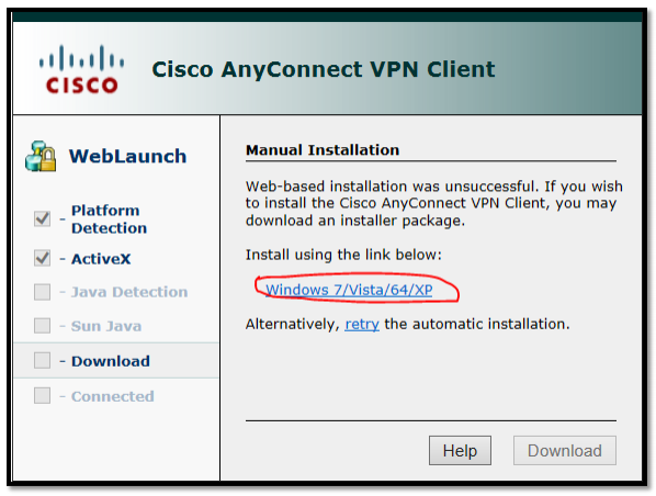 When this window appears, select Windows 7/Vista/64/XP for the Manual Installation