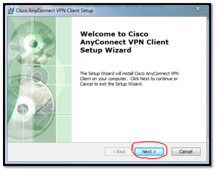 Cisco AnyConnect VPN Client Setup Wizard, click next