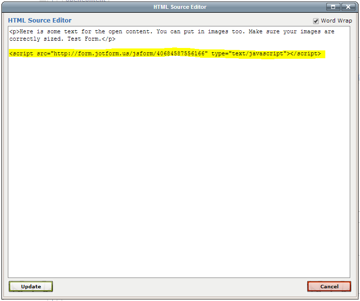 HTML source editor showing the script