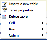 Right click menu for table